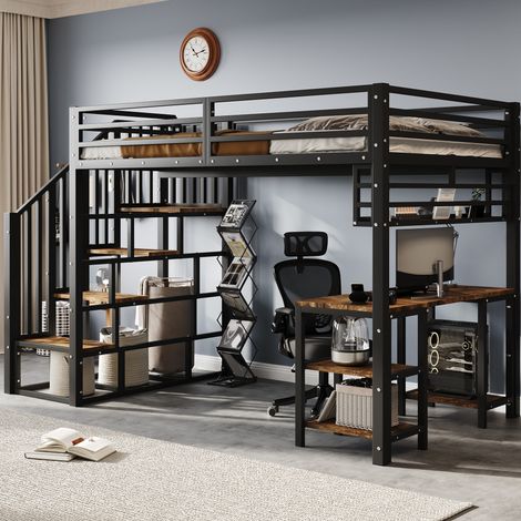 Lit mezzanine 90 x 200 cm en métal avec bureau intégré et rangements (1/5)