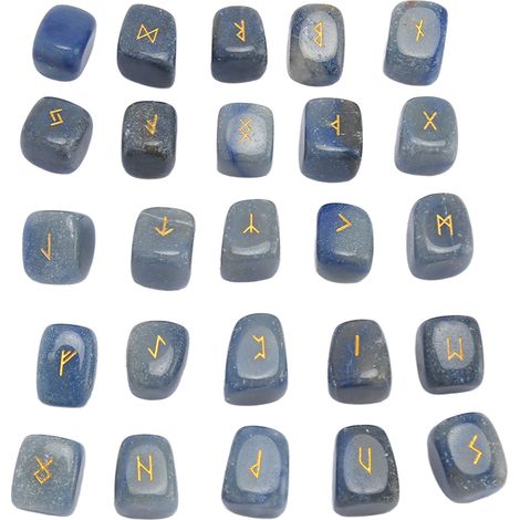 Ensemble de 25 pierres runiques porte-bonheur et de guérison, polies et gravées, représentant l'alphabet ancien et les chakras, idéal pour une pendaison de crémaillère. Pierre bleue Dongling. (1/5)