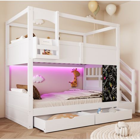 Lit superposé enfant 90 x 200 cm, escalier rangement, tableau, 2 tiroirs, blanc OKMYHOME (1/5)