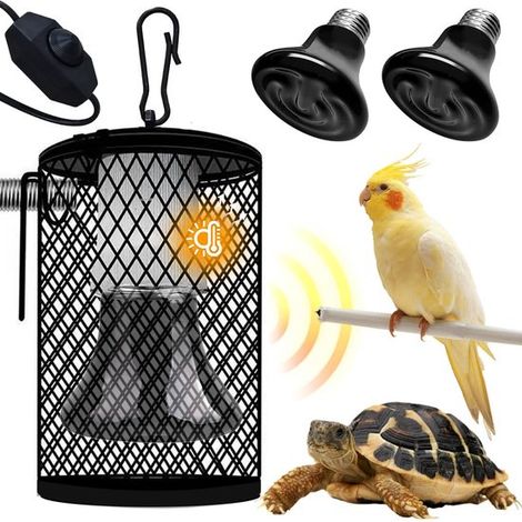 Lámpara de calor para reptiles con jaula protectora, 2 bombillas cerámicas E27 con portalámparas, Temperatura regulable, tortugas, negra) (1/5)