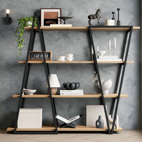 Étagère géométrique sur pied 158×35×166 cm – Bibliothèque / Étagère ouverte en métal avec panneaux MDF de 25 mm d'épaisseur, design triangulaire, pour salon, cuisine et bureau. (1/5)