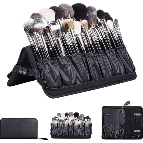 Trousse de rangement pour pinceaux de maquillage professionnels, étui cosmétique pour maquilleuse, sac à main de maquillage en cuir noir, portable pour les voyages (sac uniquement) (1/5)