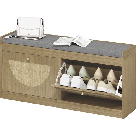 Banc à chaussures avec assise rembourrée, portes en rotin, étagère réglable pour 8 paires, naturel (1/5)