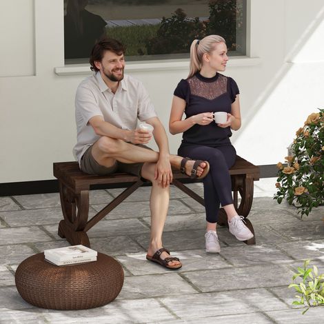 Banc jardin 2 places design roues banc extérieur en bois à lattes en sapin banc patio - Dimensions: 98x50x39,5 cm - Couleur: Marron