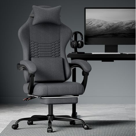 Chaise gaming noire en tissu avec dossier inclinable, repose-pieds, appuie-tete et soutien lombaire (1/5)