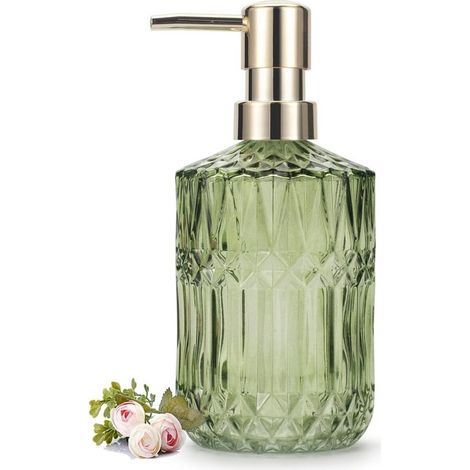 Distributeur de savon en verre de luxe - 390 ml - Verre taillé diamant avec pompe dorée - Distributeur de savon vintage pour salle de bain et cuisine - Vert - Rechargeable