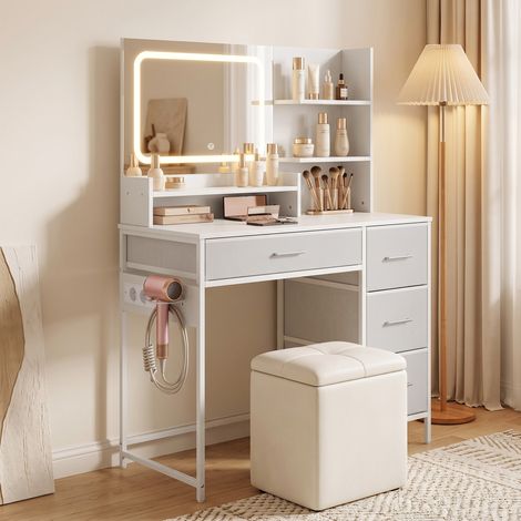 Coiffeuse avec miroir LED tricolore, station de charge, 4 tiroirs, 5 étagères, blanche (1/5)