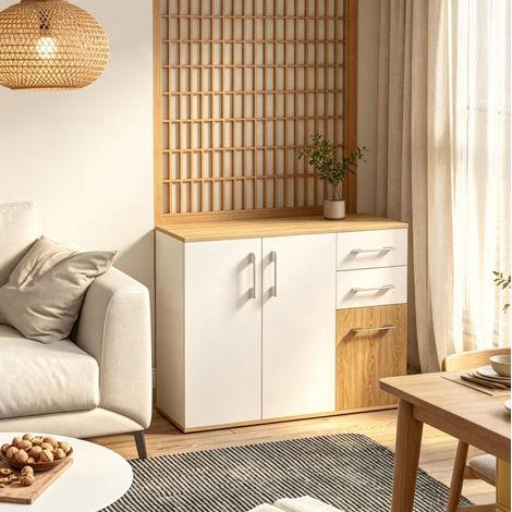 Buffet de rangement 90 x 30 x 75,5 cm en aggloméré blanc et naturel OKWISH (1/5)