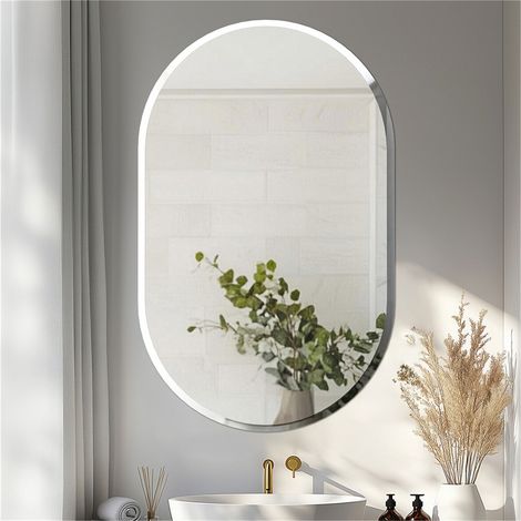 Espejo de Baño de Pared Biselado Decorativo sin Marco, Espejo Minimalista Ovalado de Vidrio Plateado para Comedor Salón Entrada Pasillo, 80x50 cm
