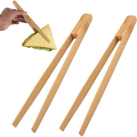 Lot de 2 pinces à barbecue en bois - 25 cm - Réutilisables - Pour rôtir, salade, bonbons, concombres, grillades (1/5)