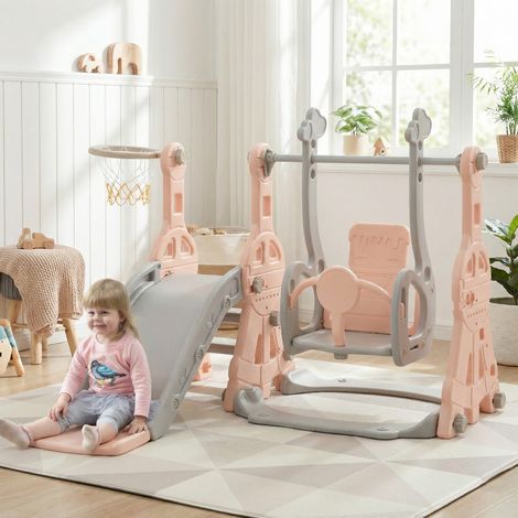 Toboggan Enfant avec Balançoire,4 en 1 Toboggan Intérieur et Extérieur Enfant Aire de Jeux avec Balançoire Réglable en Hauteur,Escalier,Panier de Basket,Charge Max. 45 KG, Rose (1/5)