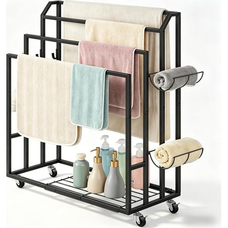 4 Tier Freestanding Towel Holder Bathroom Towel Rack with Side Hooks and Shelves Bathroom Towel Holder for Bathrooms, Bedrooms, Balconies (Black) (1/5)