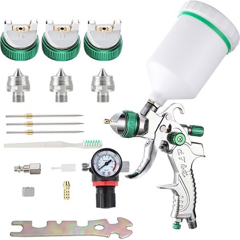 Pistolet peinture HVLP gravité – Buses 1,4/1,7/2,0 mm, godet 600cc – Avec manomètre – Pour apprêt, base, vernis (1/5)