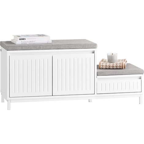 Sobuy – Banc de rangement à chaussures FSR172W – Meuble à chaussures pour enfants – 2 portes, 1 tiroir, coussins confort – L100xP35xH42 cm – Blanc (1/5)