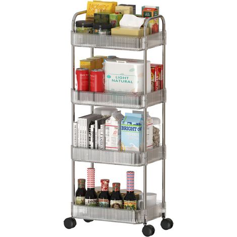 ® Chariot de rangement transparent à 4 étages en acrylique, Desserte de Cuisine, Chariot polyvalent, Design moderne et pratique pour organiser salle de bain, cuisine ou bureau, gain de place et (1/5)