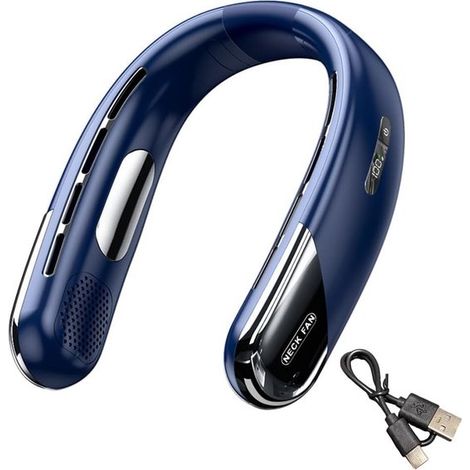 Ventilador de cuello portátil recargable - Capacidad de 3000 mAh, ventilador sin aspas, ventilador de refrigeración azul (1/5)