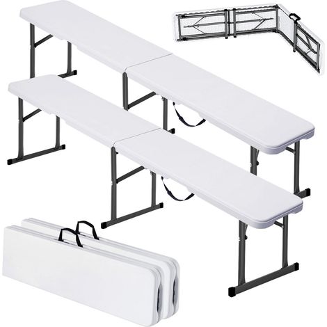 Banc pliant en plastique, 1820 mm, banc d'extérieur pliable portable, lisse en PEHD imperméable, siège de pique-nique, de salle à manger avec poignée de transport, pour jardin, blanc (2 pièces) (1/5)