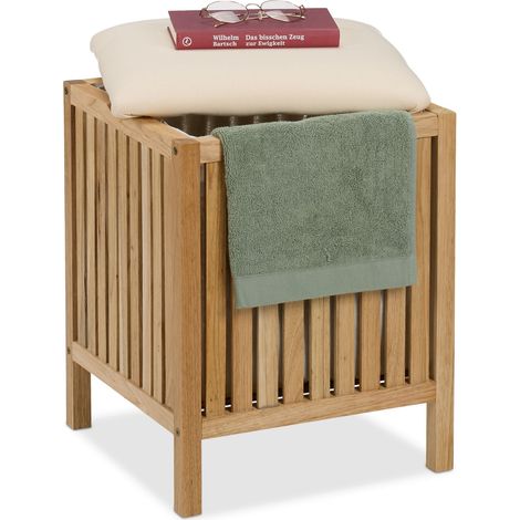Relaxdays Cesto Ropa Sucia con Asiento, Tabuerete Almacenaje Colada, 30 L, 51 x 38 x 38 cm, Madera, Tela, Natural/Blanco (1/5)