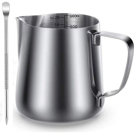 Montalatte manuale in acciaio inox (350 ml) – montalatte per caffè – con bilancia e penna per latte art – per baristi, cappuccino ed espresso (1/5)