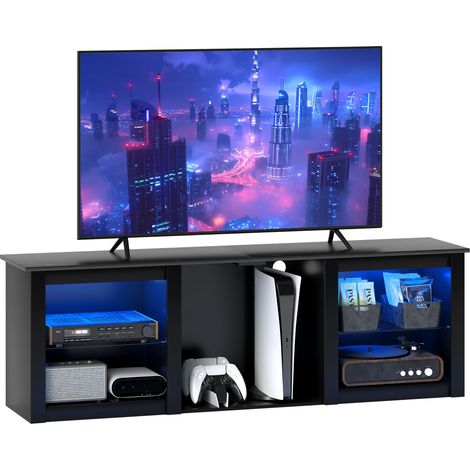 Modernes schwarzes TV-Möbel mit integrierter LED-Beleuchtung, geeignet für Fernseher bis zu 65 Zoll (160 cm), verstellbaren Glasböden und Multimedia-Aufbewahrung.