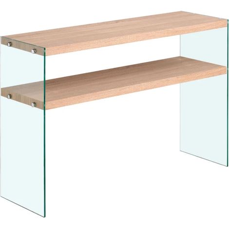 Console L. 110 cm en verre trempé et étagères effet chêne clair - ICE (1/5)