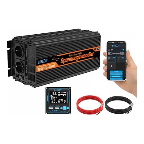 Convertisseur 12V 220V/230V Pur Sinus 2000w – Mode ECO, avec App, télécommande, 2X USB – Compatible avec Batteries (Lithium, Agm, Gel, FLD) – pour Camping-Car, Voiture, Maison, Solar– Onduleur (1/5)