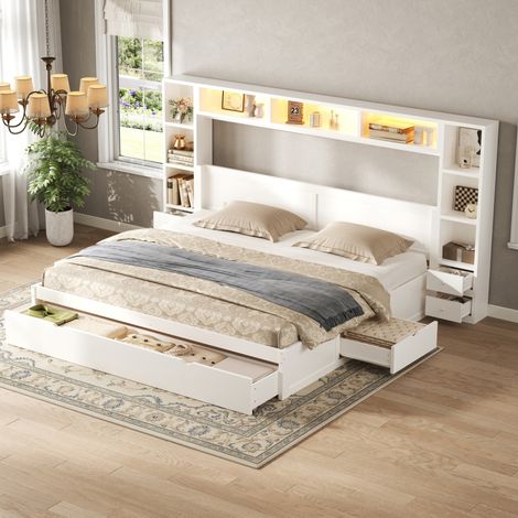 Letto matrimoniale 180x200 in MDF e legno bianco con contenitore, senza materasso FloraGrace (1/5)