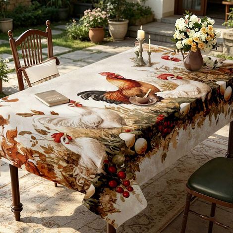 Nappe rectangulaire à motif coq et fleurs, 1 pièce, pour une table de salle à manger sur le thème de la Saint-Jean, lavable, idéale pour une cuisine de style campagnard. (1/4)
