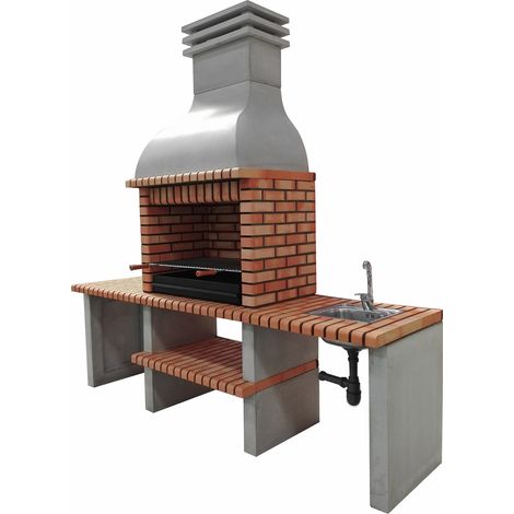 Barbecue fixe en béton réfractaire gris et orange – Grille galvanisée 84,5x55 cm – Évier inox avec robinet – Cuisine extérieure pour 13 personnes – Movelar (1/5)