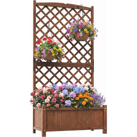 COSTWAY Fioriera da Esterno con Grigliato, Letto Rialzato in Legno con Traliccio e Fori di Drenaggio, Aiuola Rialzata per Piante Rampicanti e  Fiori, 90 x 44,5 x 180,5 cm (Marrone) (1/5)