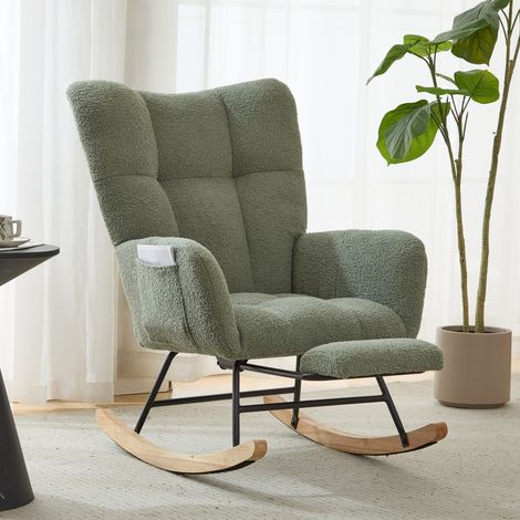 Chaise à bascule vert en tissu Teddy avec poche et ottoman, base bois sûre, confortable pour chambre d’enfant et salon 65x100x93 cm (1/5)