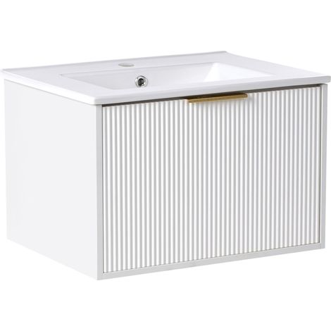 Mobiletto a muro con lavabo in legno massiccio Bianco con maniglia dorata 60 cm Tilcara
