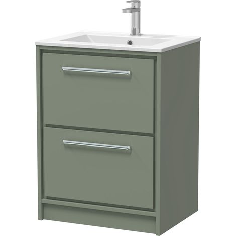 Balterley Longnor Modern Bathroom Floor Standing 2 Soft Close Drawer Vanity Unit & Basin, Fern Green, 600mm