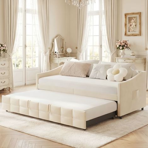 Cama nido 90/180x200 cm, Cama nido rodante 90/180x200 cm, con cama abatibel, bolsillos lateralos, tissu terciopelo, somier de láminas, sofá cama extensibel multifonction - Beige