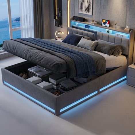 Lit Coffre 140x190 cm Velours Beige Charge Sans Fil, USB et LED - Lit relevable capitonné, Sommier Inclus - Design Moderne (1/5)