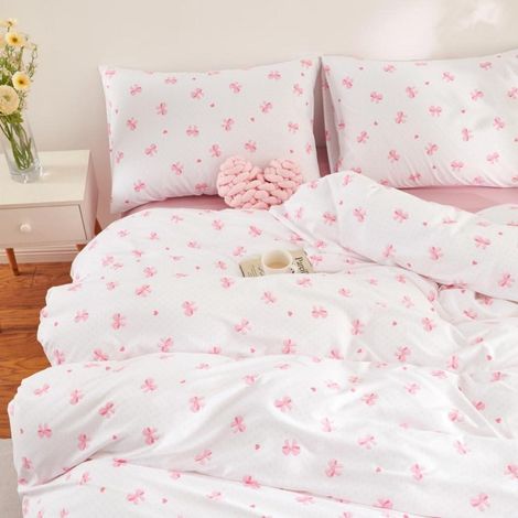 Linge de lit 220x240cm 3 pièces avec nœuds & cœurs, microfibre, blanc/rose