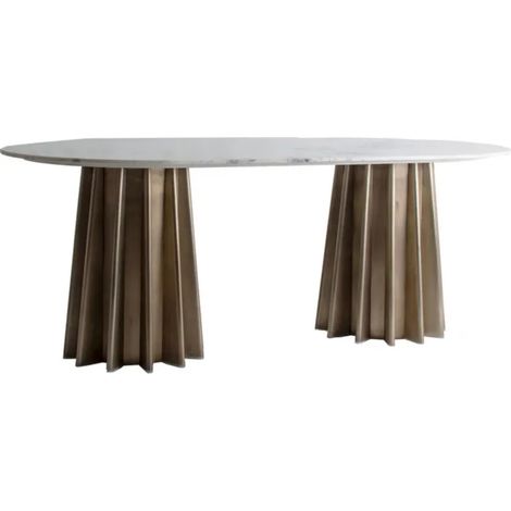 Les Tendances – Table à manger ovale 200cm – Plateau marbre blanc poli – Piètement acier doré mat – Accueille 6 à 8 convives (1/5)