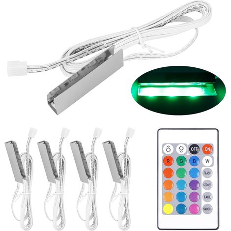 Ensemble de 4 éclairages pour vitrines, lampes LED pour étagères en verre, une alimentation 12 V avec interrupteur, des lampes à pince et des rubans LED RGB multicolores pour vitrines, étagères tables (1/5)