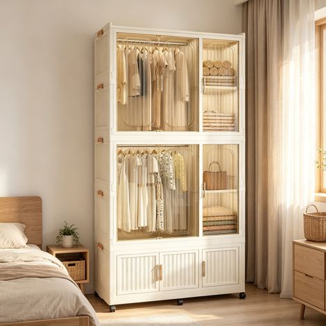Armoire penderie modulable plastique pliable, 9 portes magnétiques, 2 tringles, 6 roulettes verrouillables, 6 cintres fournis, grand rangement pour location et chambre enfant (1/5)