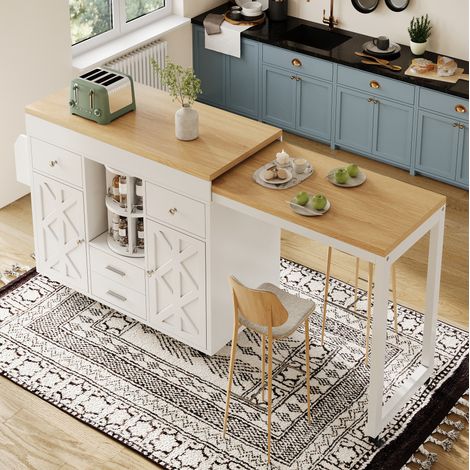 Tavolo bar allungabile 110-180x40x91 cm bianco in MDF con ruote e organizer girevole (1/5)