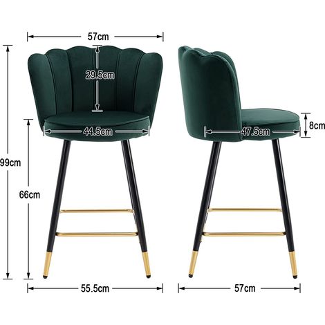 Wahson Lot de 2 tabourets de bar en velours vert – Hauteur d'assise 66 cm – Pieds en métal noir – Design moderne pour cuisine et bar