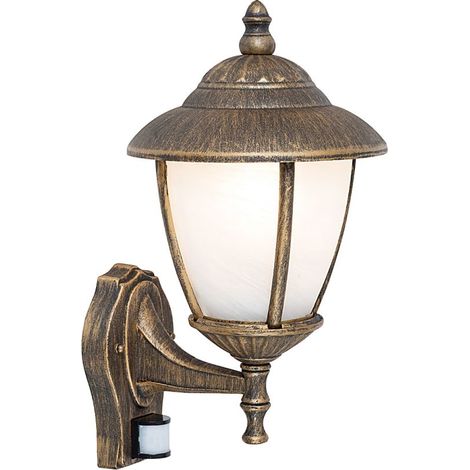 Außenlampe Wand E27 IP43 Bewegungsmelder Gold Haus Garten Glas Metall Rustikal