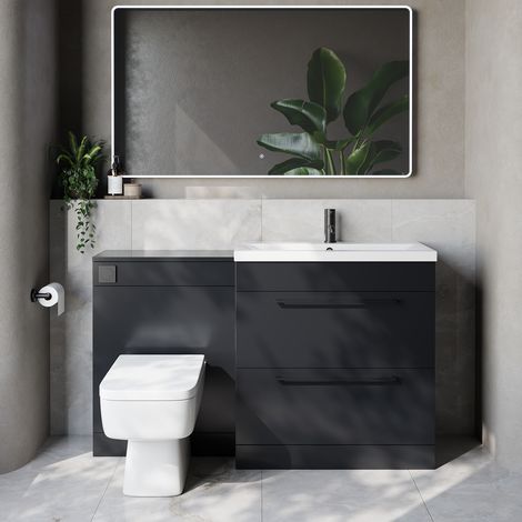 Napoli 390 Cento Gloss Grey 1400mm 2 Drawer Vanity Unit Toilet Suite with Glide Basin - 1400mm - Matt Black 480mm HandleWith Kingston Toilet Pan and Seat