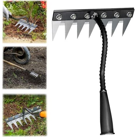 Râteau de désherbage 5/6/7/8 dents, outil de désherbage avec manche, râteau de jardin en métal robuste, râteau pour désherber, ameublir le sol et semer (7 dents) (1/5)