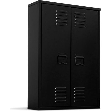 Idmarket – Armoire murale de salle de bain 2 portes métal noir – Dimensions 45x15x65 cm – Fixation murale incluse – Design industriel avec grilles d'aération