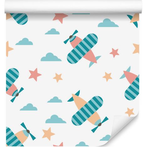 Papier peint motif avions, nuages et étoiles colorés pour salon et chambre 50x1000 cm (1/5)