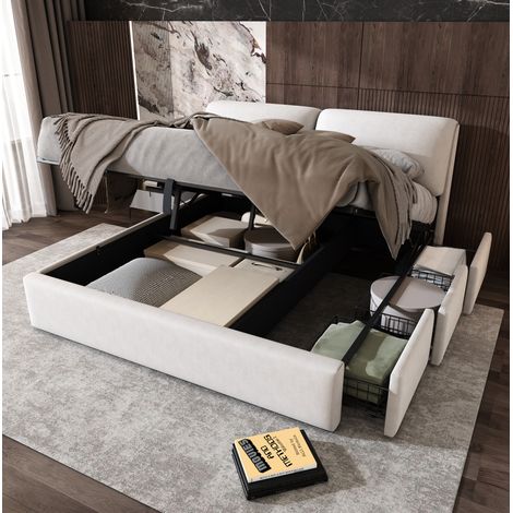 Lit coffre 160x200 avec 3 tiroirs velours beige HAVRYA (1/5)
