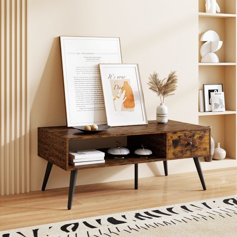 Table Basse Industrielle 109 x 55 x 44,5 CM avec 1 Tiroir et Etagère de Stockage Cadre en Métal (1/3)