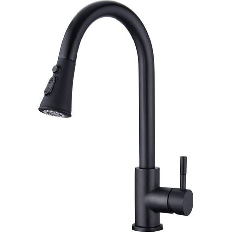 Robinet de Cuisine - Robinet d'Évier à Arc Élevé avec Douchette Extensible Rotatif à 360°, 3 Modes de Pulvérisation Mitigeur Cuisine (Noir) (1/5)