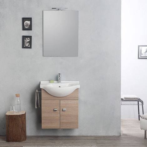 Composición Suspendida En Roble Natural Completa Con Lavabo, Espejo Y Luz (1/4)